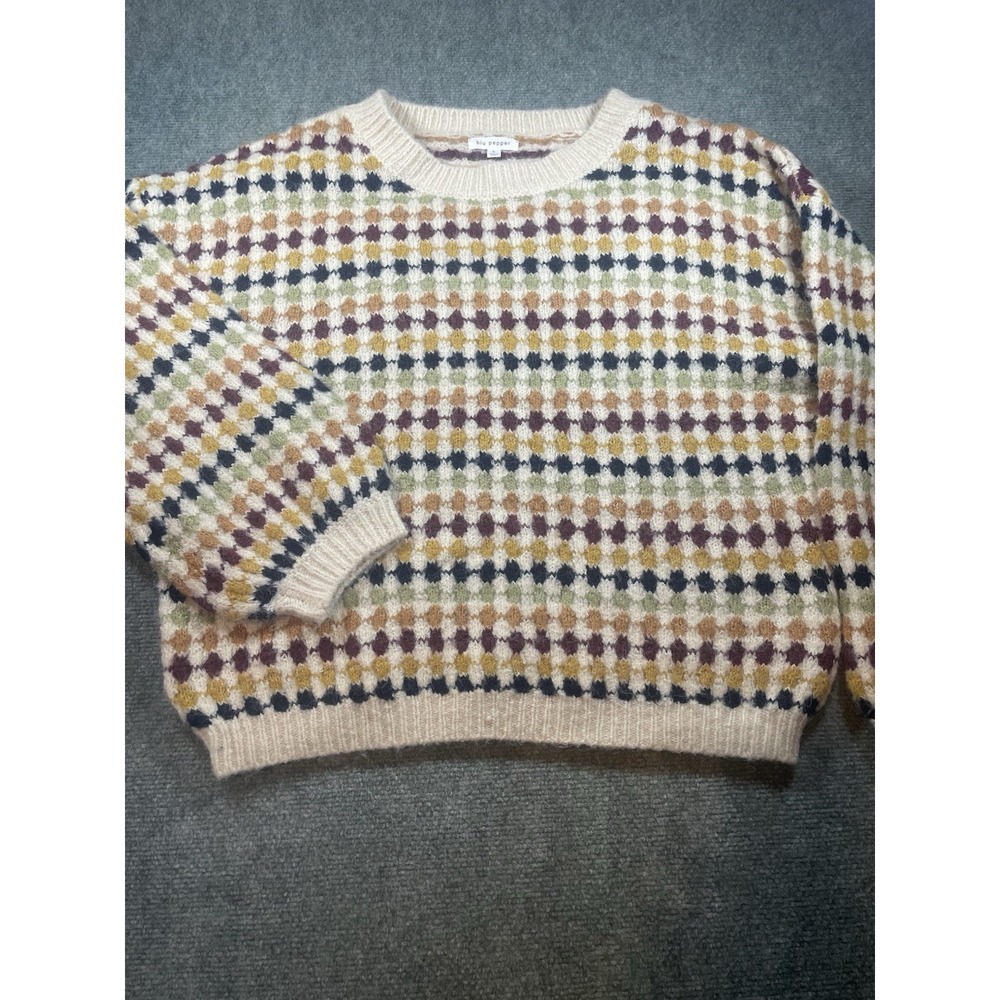 Blu Pepper Mustard Geometric Diamond Knit Bubble Sleeve Sweater L Cozy Fall Knit